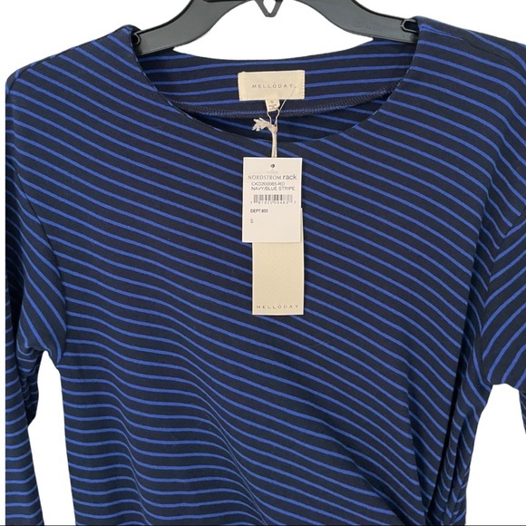 MELLODAY Faux Wrap Navy Stripe Midi Dress - Small - Picture 3 of 4